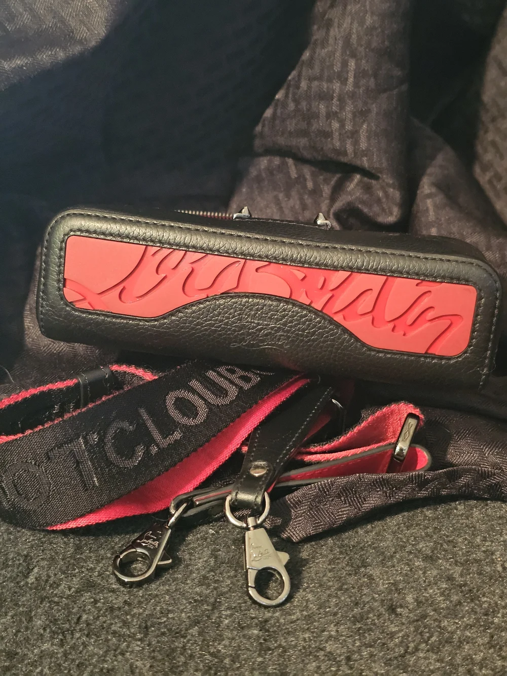 Christian Louboutin Bum Loubilab Black Pebbled Leather Crossbody Bag Red Lining
